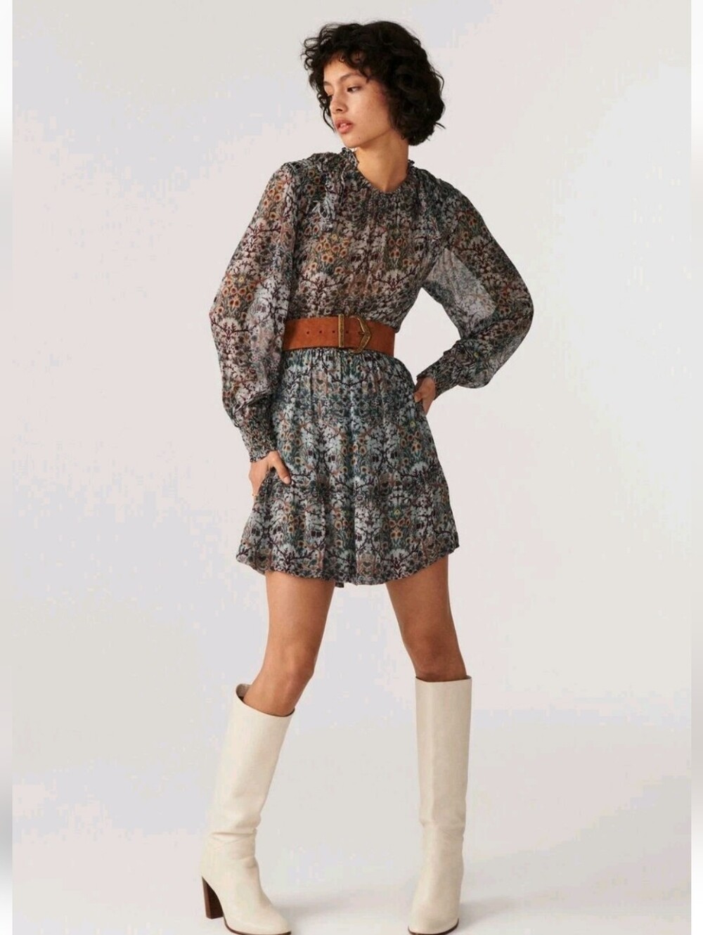 ba&sh Presley In Amande Floral Print Long-Sleeve Mini Dress Size Small